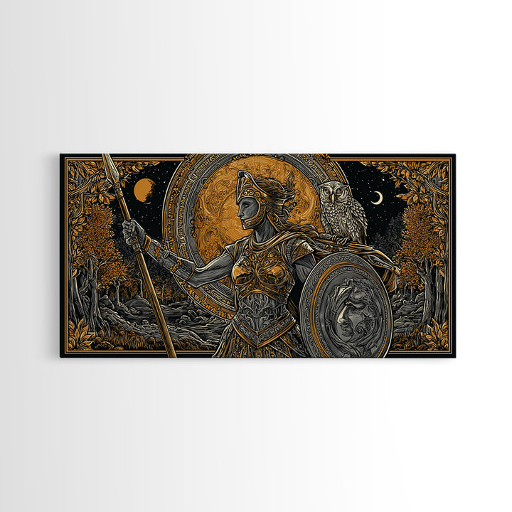 Gold Canvas Print Of Athena Greek Goddess Warrior, Ornate Armor And Owl, Mythology Forest Scene, Panoramic Greek Wall Decor