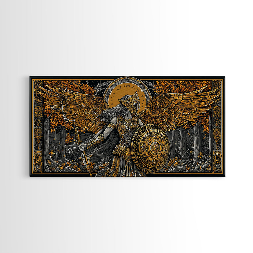 Gold Canvas Art Of Athena Greek Goddess Warrior With Wings, Detailed Shield And Spear, Golden Forest Scene, Panoramic Wall Print