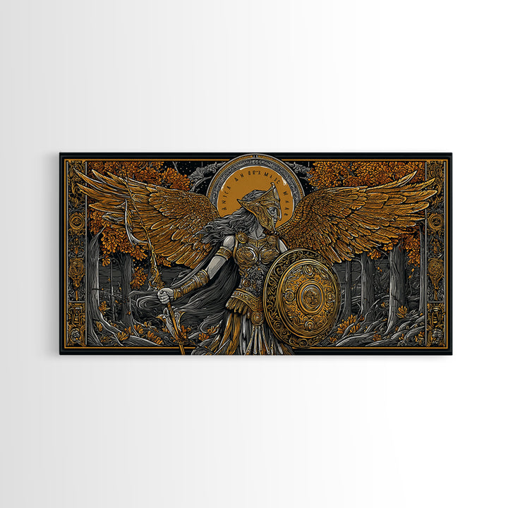 Gold Canvas Art Of Athena Greek Goddess Warrior With Wings, Detailed Shield And Spear, Golden Forest Scene, Panoramic Wall Print