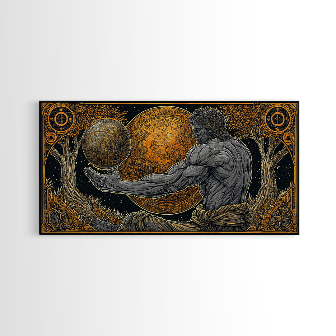 Gold Canvas Print Of Atlas Greek Titan Holding Celestial Sphere, Mythology Cosmic Scene, Panoramic Detailed Greek Wall Art
