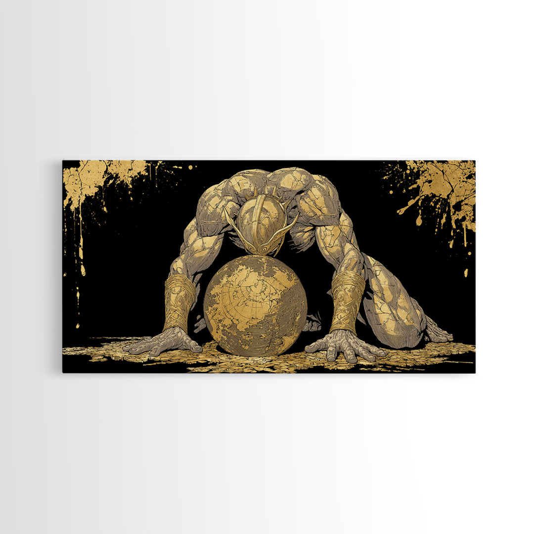 Gold Canvas Art Of Atlas Greek Titan Bearing The World, Gold Crackle Effect, Mythology Strength Scene, Panoramic Ancient Wall Print