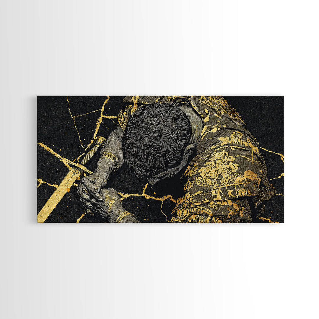 Gold Canvas Print Of Cassius Greek Warrior Kneeling With Sword, Gold Crackle Armor Detail, Panoramic Mythology Wall Artwork