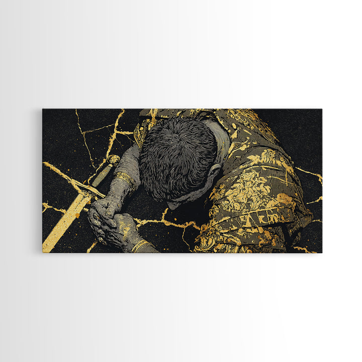 Gold Canvas Print Of Cassius Greek Warrior Kneeling With Sword, Gold Crackle Armor Detail, Panoramic Mythology Wall Artwork