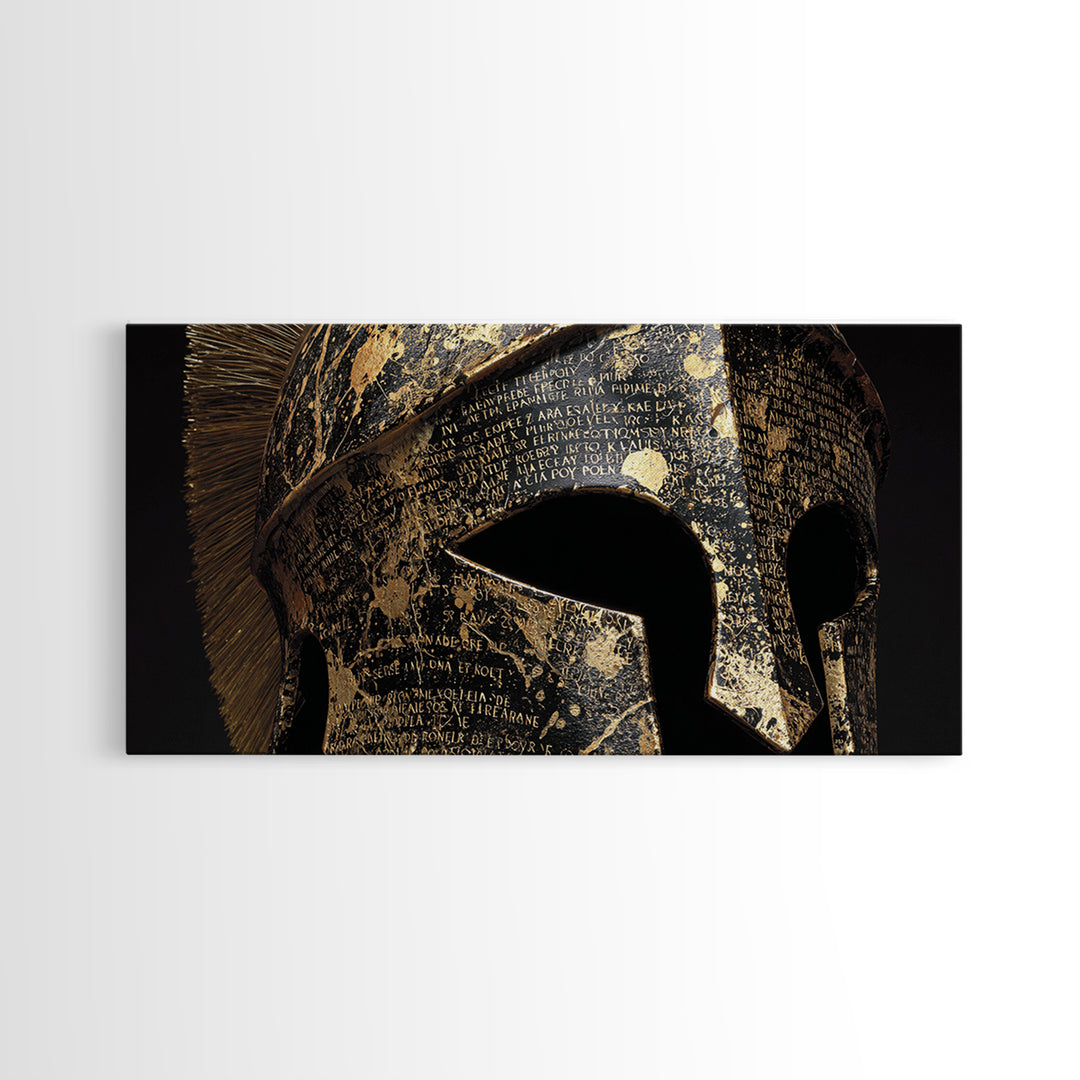 Gold Canvas Print, Corinthian Greek Helmet, Ancient Warrior Armor Wall Art, Black and Gold Historical Decor, Mythic Design