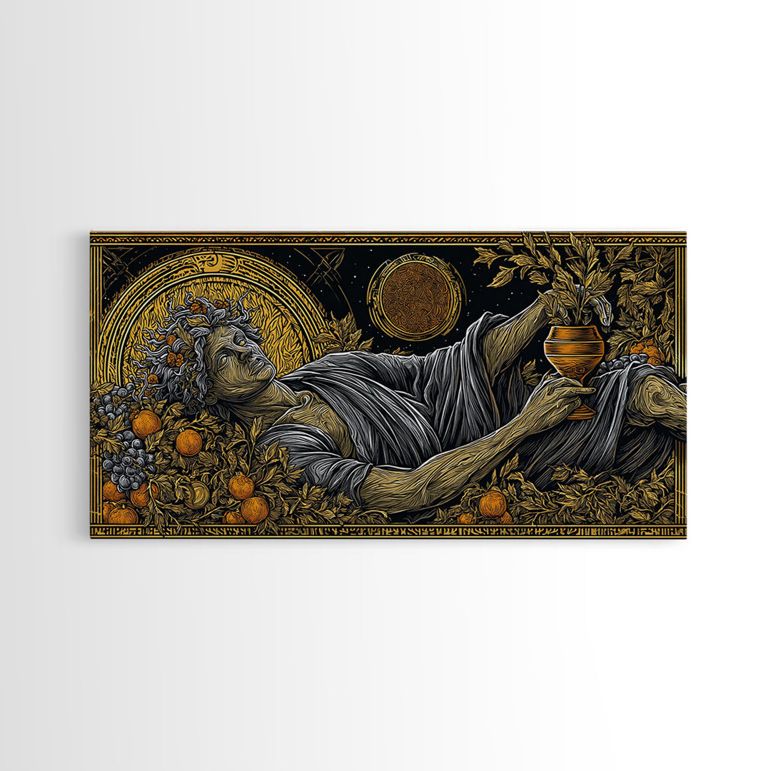 Gold Canvas Art, Dionysus God of Revelry, Greek Mythology Wall Art, Bacchus Celebration Scene, Black and Gold Luxury Canvas Print