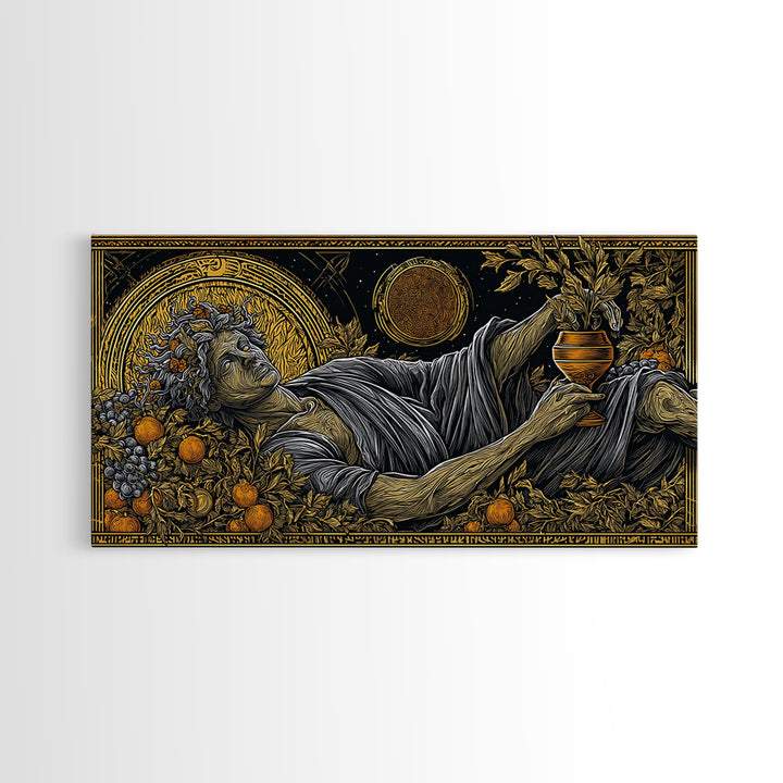 Gold Canvas Art, Dionysus God of Revelry, Greek Mythology Wall Art, Bacchus Celebration Scene, Black and Gold Luxury Canvas Print