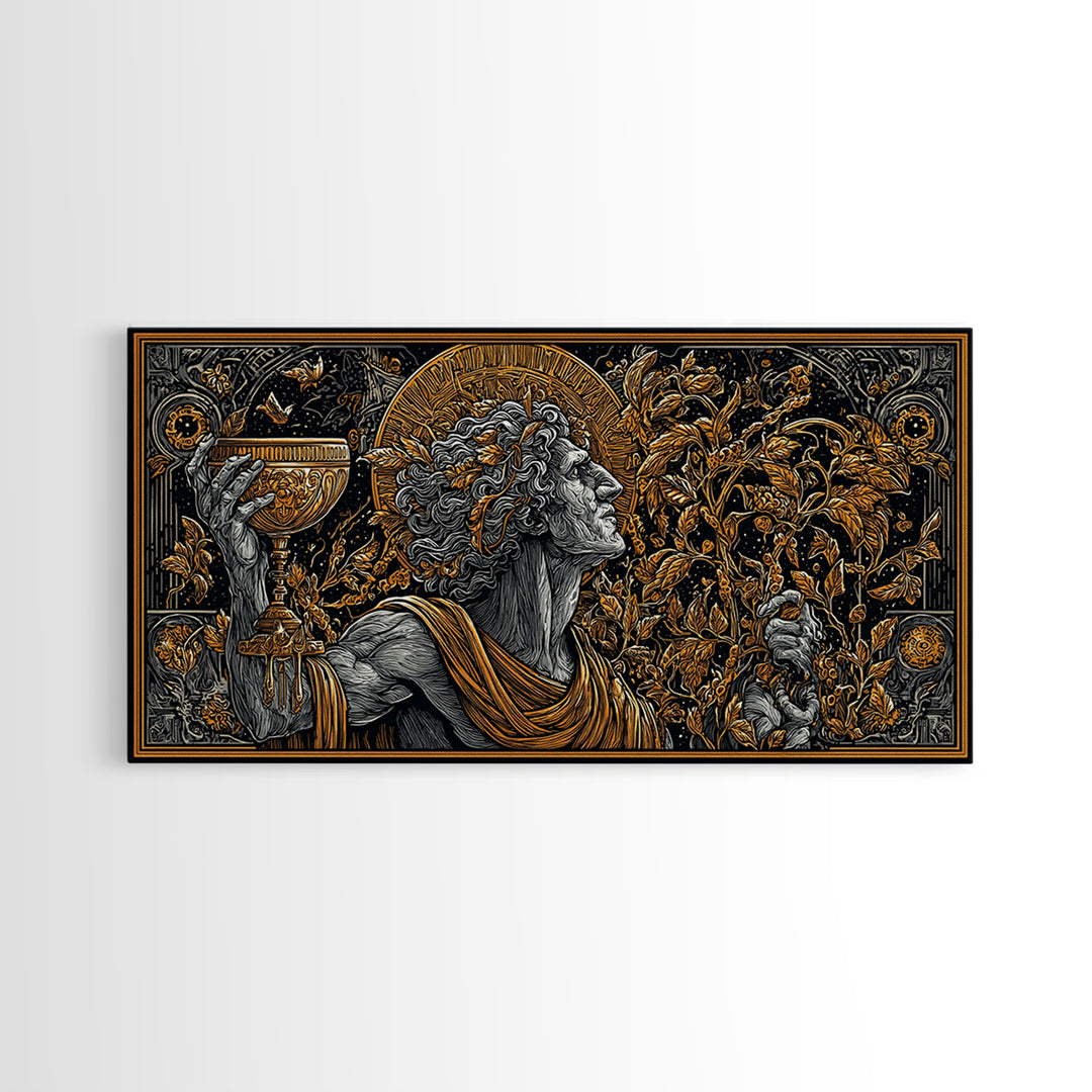 Gold Canvas Art, Dionysus God of Ecstasy, Greek Mythology Wall Scene, Bacchanalia Festival Theme, Black and Gold Canvas Wall Print