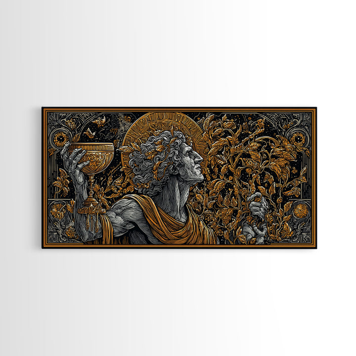 Gold Canvas Art, Dionysus God of Ecstasy, Greek Mythology Wall Scene, Bacchanalia Festival Theme, Black and Gold Canvas Wall Print