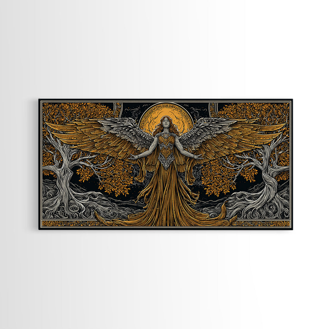 Gold Canvas Print, Eos Goddess of Dawn, Greek Mythology Wall Art, Sunrise Personification Scene, Black and Gold Luxury Decor