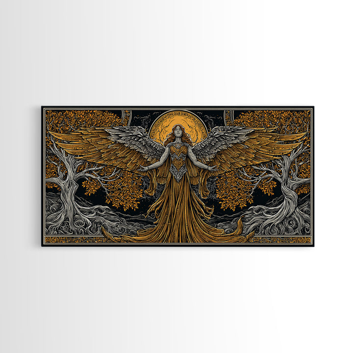 Gold Canvas Print, Eos Goddess of Dawn, Greek Mythology Wall Art, Sunrise Personification Scene, Black and Gold Luxury Decor