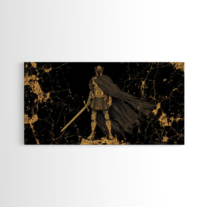 Flavius Gold Canvas Print, Roman Warrior Wall Art, Ancient Soldier Decor, Real Wood Frame, Luxury Canvas Artwork For Office