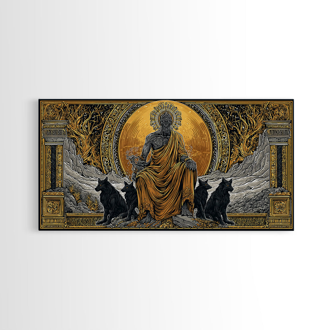 Hades Gold Canvas Print, Greek God Of Underworld Wall Art, Cerberus Mythology Decor, Real Wood Frame, Luxury Canvas Wall Hanging