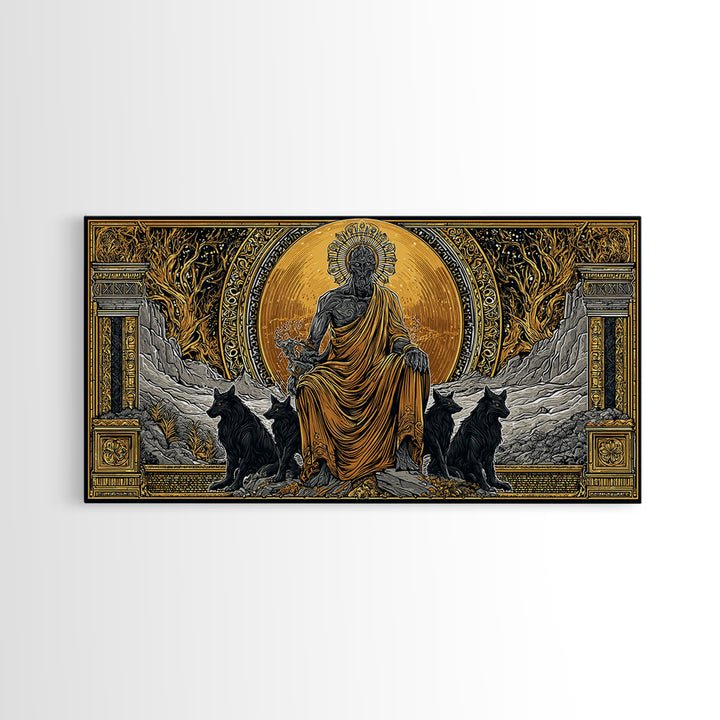 Hades Gold Canvas Print, Greek God Of Underworld Wall Art, Cerberus Mythology Decor, Real Wood Frame, Luxury Canvas Wall Hanging