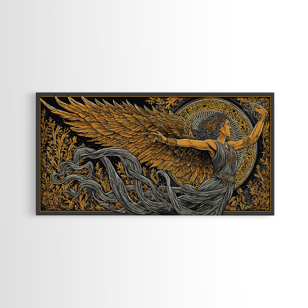 Nike Gold Canvas Print, Greek Goddess Wall Art, Luxury Mythology Decor, Real Wood Frame Artwork, Elegant Gold Winged Art