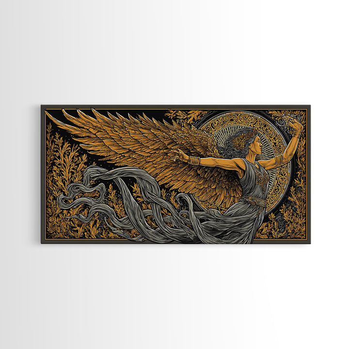 Nike Gold Canvas Print, Greek Goddess Wall Art, Luxury Mythology Decor, Real Wood Frame Artwork, Elegant Gold Winged Art