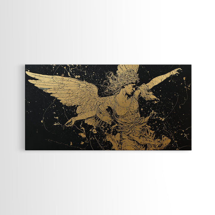 Nike Gold Canvas Art, Greek Goddess Wall Decor, Luxury Mythology Wall Hanging, Real Wood Frame Print, Gold Winged Figure Artwork