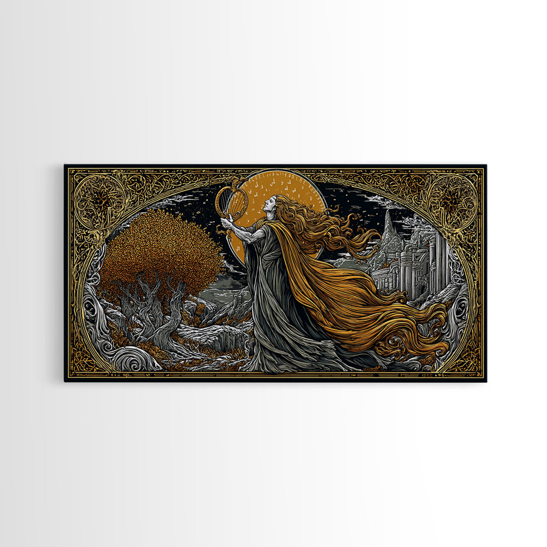 Orpheus Gold Canvas Art, Greek God Wall Decor, Luxury Mythology Wall Hanging, Real Wood Frame Print, Elegant Lyre Musician Wall Art