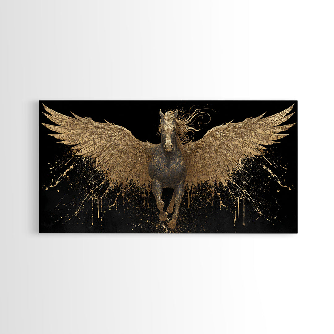 Pegasus Gold Canvas Print, Greek Mythology Wall Art, Luxury Flying Horse Decor, Real Wood Frame Artwork, Elegant Winged Stallion