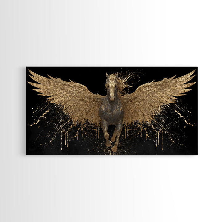 Pegasus Gold Canvas Print, Greek Mythology Wall Art, Luxury Flying Horse Decor, Real Wood Frame Artwork, Elegant Winged Stallion