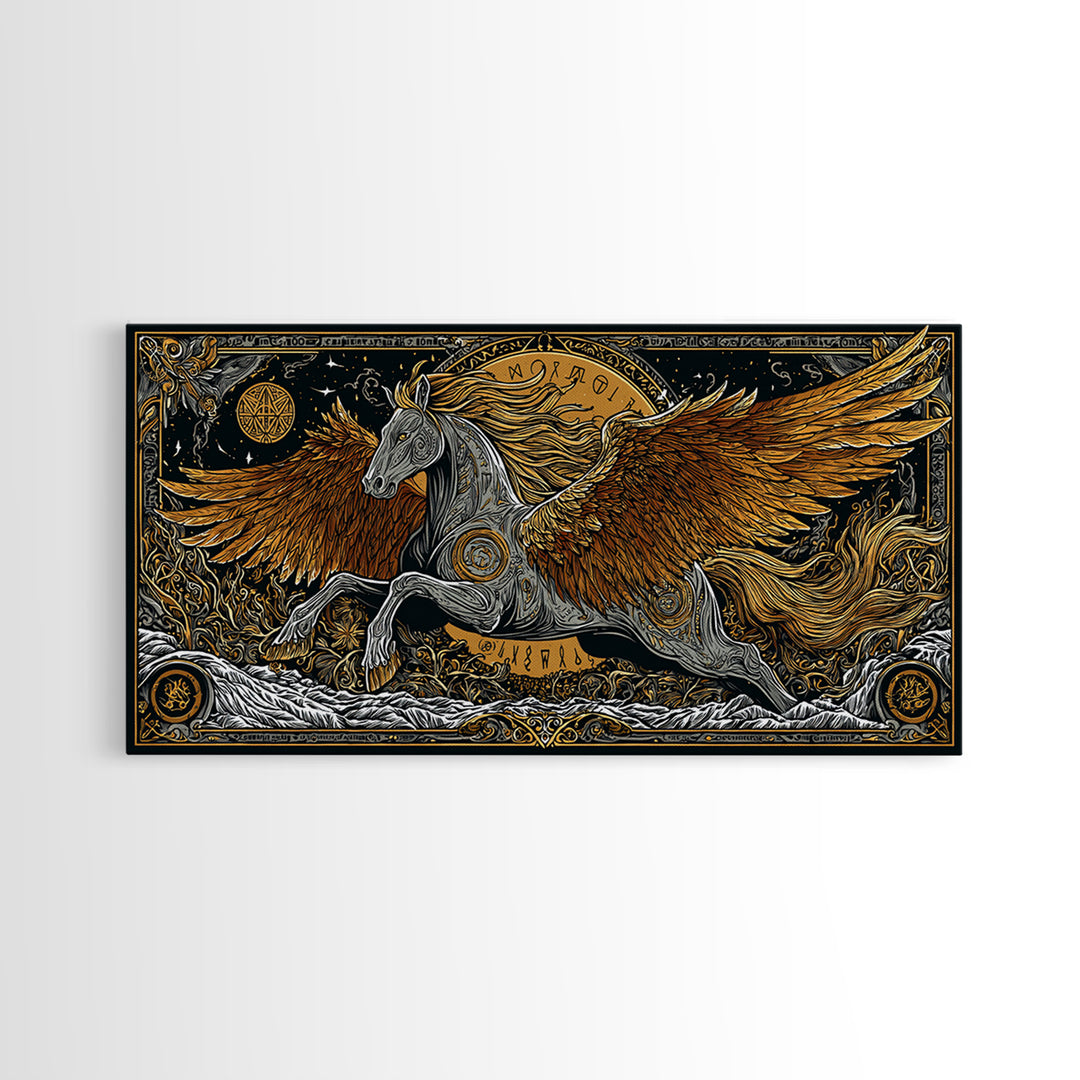 Pegasus Gold Canvas Art, Greek Mythology Wall Decor, Luxury Flying Horse Wall Hanging, Real Wood Frame Print, Elegant Winged Stallion
