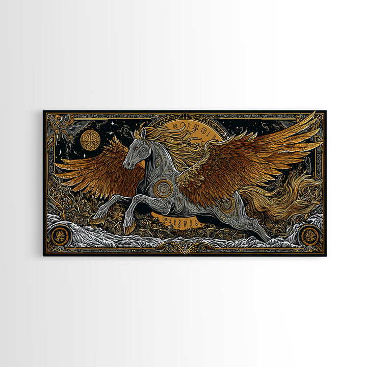 Pegasus Gold Canvas Art, Greek Mythology Wall Decor, Luxury Flying Horse Wall Hanging, Real Wood Frame Print, Elegant Winged Stallion
