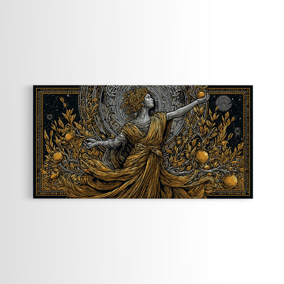 Persephone Gold Canvas Art, Greek Goddess Wall Decor, Luxury Mythology Wall Hanging, Real Wood Frame Print, Elegant Harvest Goddess