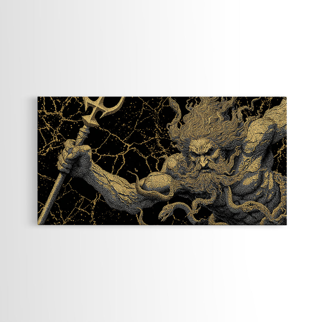 Poseidon Greek God Of The Sea Gold Canvas Print, Mythology Wall Art, Real Wood Frame, Ocean Decor, Nautical Gift