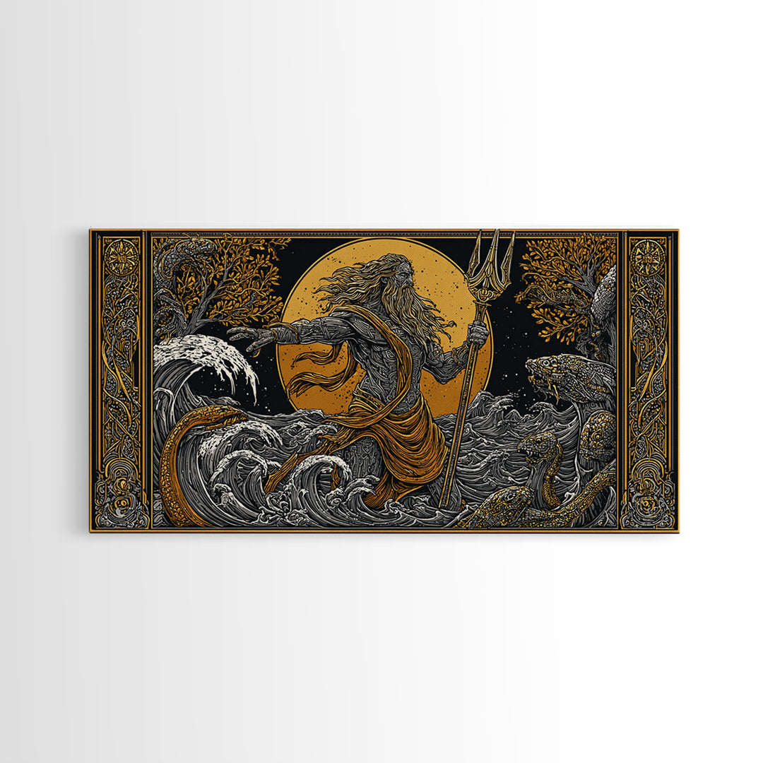 Poseidon Ocean Power Gold Canvas Art, Greek God Canvas Print, Sea Mythology Wall Decor, Real Wood Frame, Coastal Gift