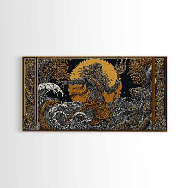 Poseidon Ocean Power Gold Canvas Art, Greek God Canvas Print, Sea Mythology Wall Decor, Real Wood Frame, Coastal Gift
