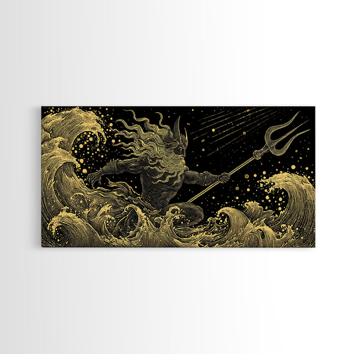 Poseidon Sea Serpent Battle Gold Canvas Print, Greek Mythology Wall Art, Real Wood Frame, Ocean Lover Gift