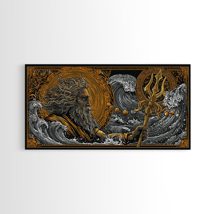 Poseidon Ocean Waves Gold Canvas Art, Greek God Canvas Print, Sea Mythology Wall Decor, Real Wood Frame, Nautical Gift