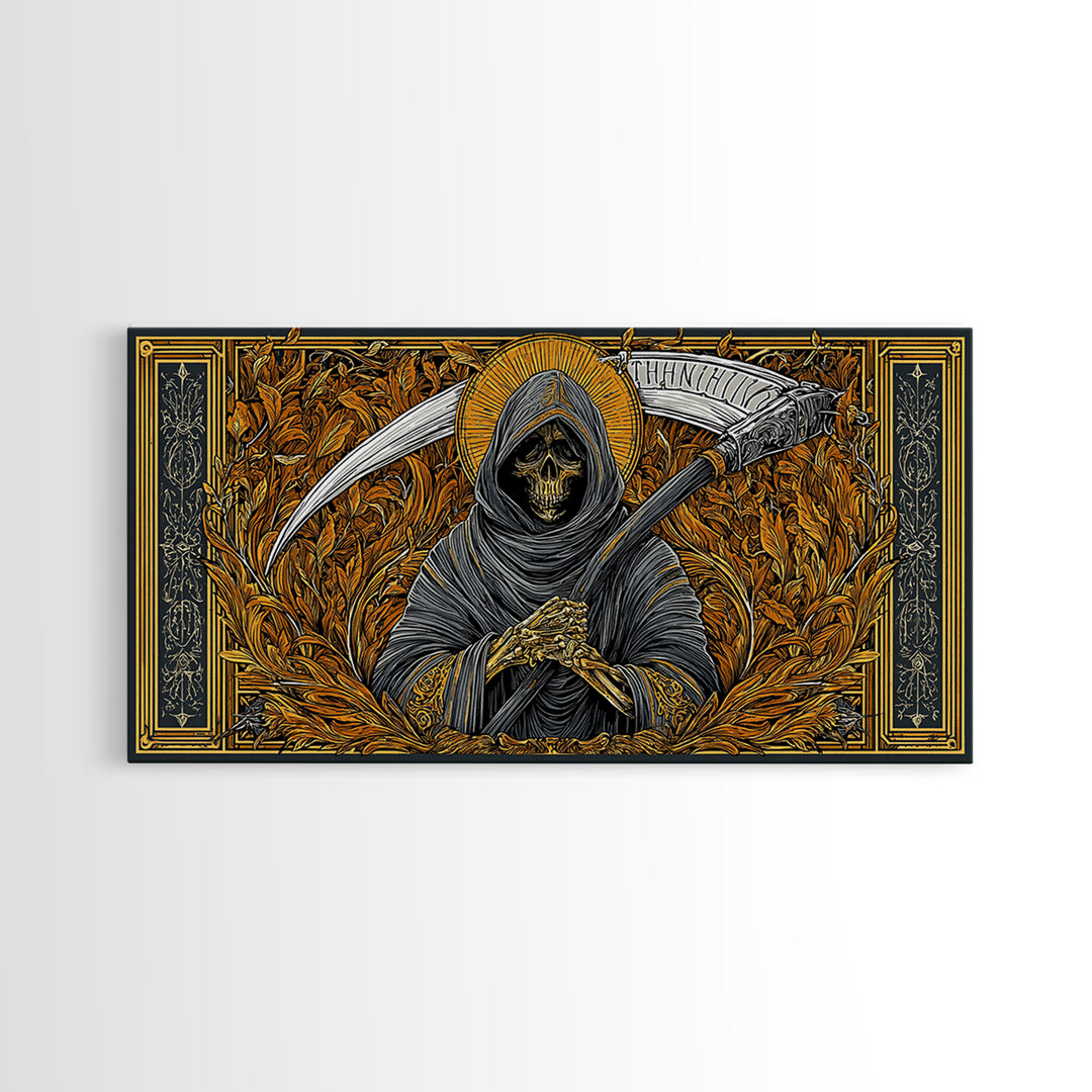 Thanatos Gold Canvas Print, Real Wood Framed Greek Myth Wall Art, Grim Reaper Death Figure Decorative Canvas Artwork
