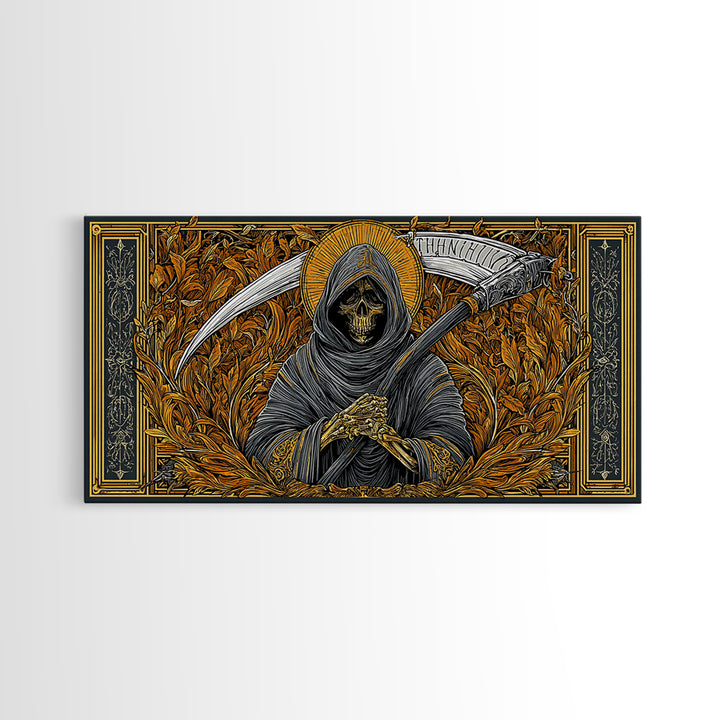 Thanatos Gold Canvas Print, Real Wood Framed Greek Myth Wall Art, Grim Reaper Death Figure Decorative Canvas Artwork