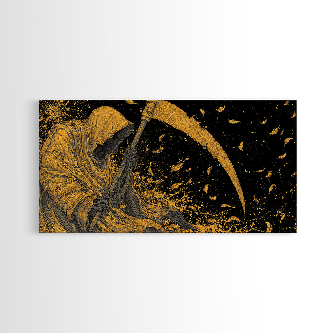 Thanatos Gold Canvas Print, Real Wood Framed Greek Myth Wall Decor, Death Scythe Dark Art Luxury Canvas Wall Artwork