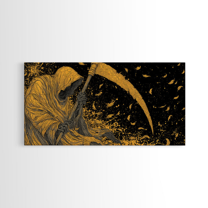 Thanatos Gold Canvas Print, Real Wood Framed Greek Myth Wall Decor, Death Scythe Dark Art Luxury Canvas Wall Artwork