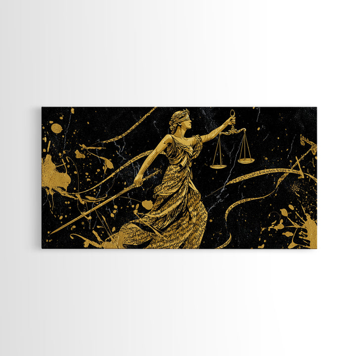 Themis Gold Canvas Print, Real Wood Framed Greek Justice Wall Art, Scales Of Justice Mythology Inspired Canvas Artwork