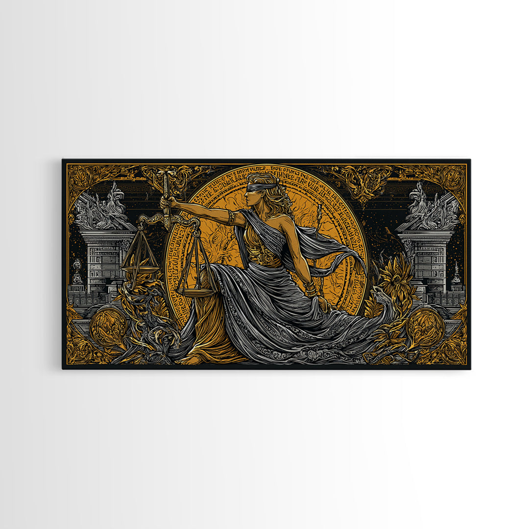 Themis Gold Canvas Print, Real Wood Framed Greek Justice Wall Decor, Blindfolded Lady With Scales Canvas Wall Artwork