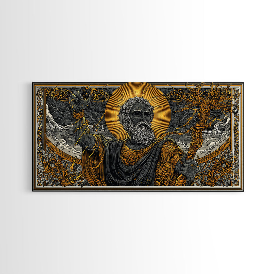 Zeus Gold Canvas Print, Real Wood Framed Greek God Of Thunder Wall Art, Lightning Bolt Mythology Decorative Canvas Artwork