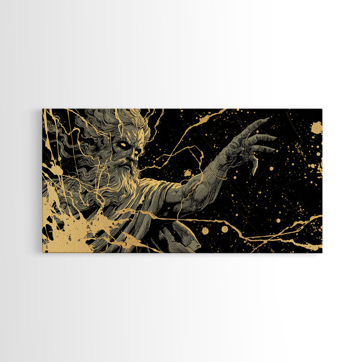 Zeus Gold Canvas Print, Real Wood Framed Greek Myth Wall Art, Lightning And Storm Luxury Decorative Canvas Artwork