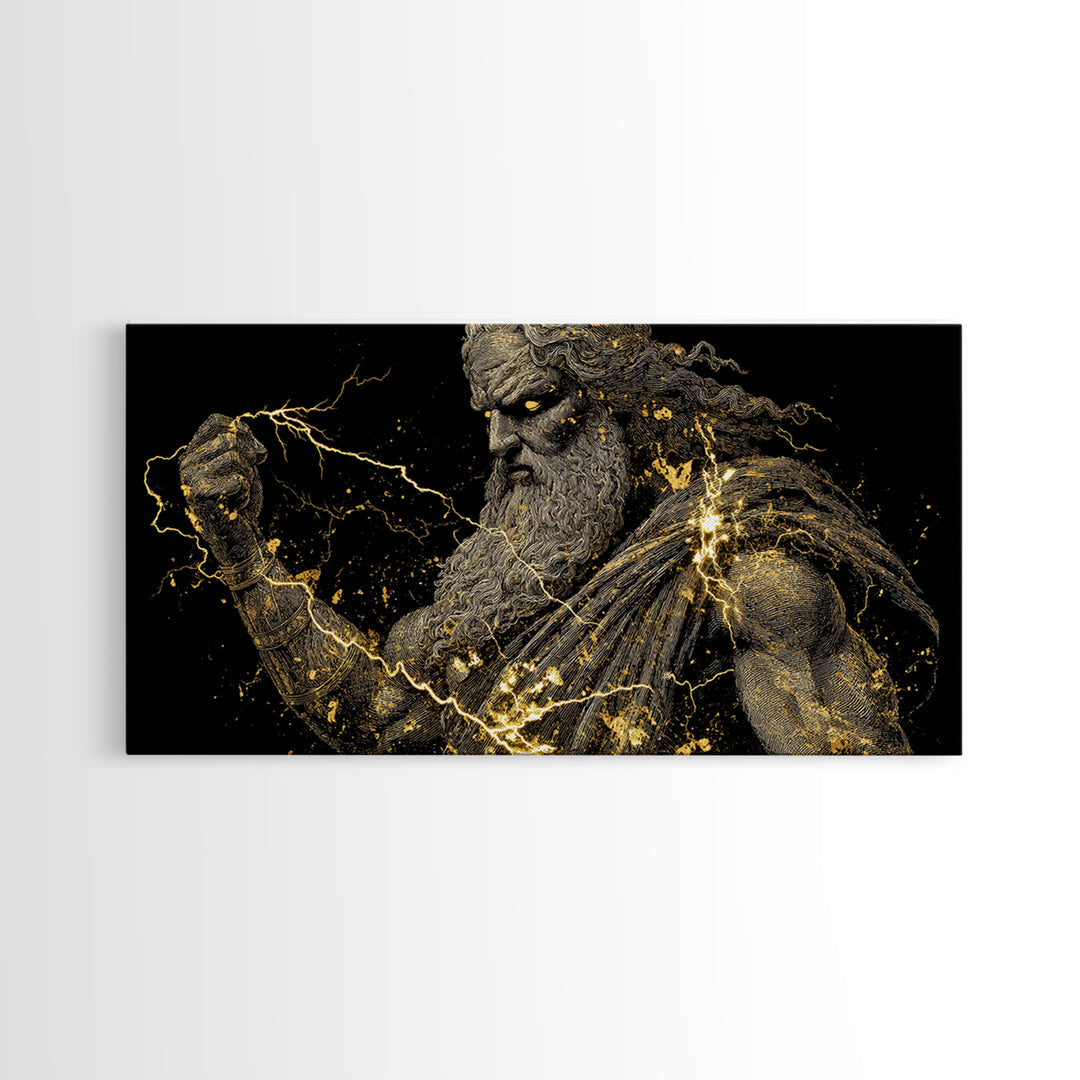 Zeus Gold Canvas Print, Real Wood Framed Greek Mythology Wall Art, Crowned Figure With Flowing Hair Decorative Artwork