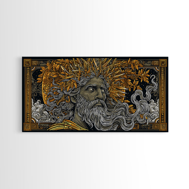 Zeus Gold Canvas Print, Real Wood Framed Greek Mythology Wall Decor, Bearded Figure With Lightning Bolt Canvas Artwork