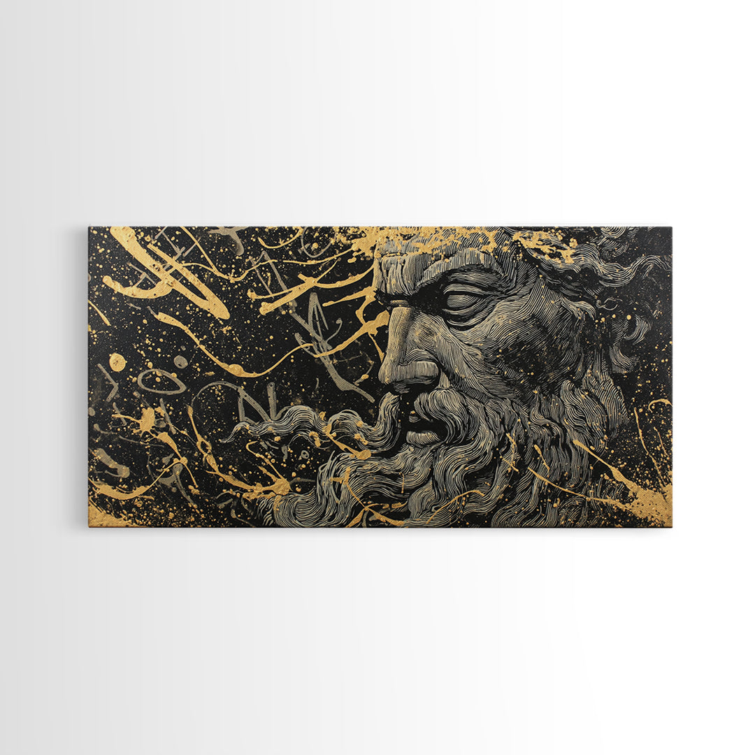 Zeus Gold Canvas Print, Real Wood Framed Greek God Wall Art, Mythological Bearded Portrait Luxury Decorative Artwork