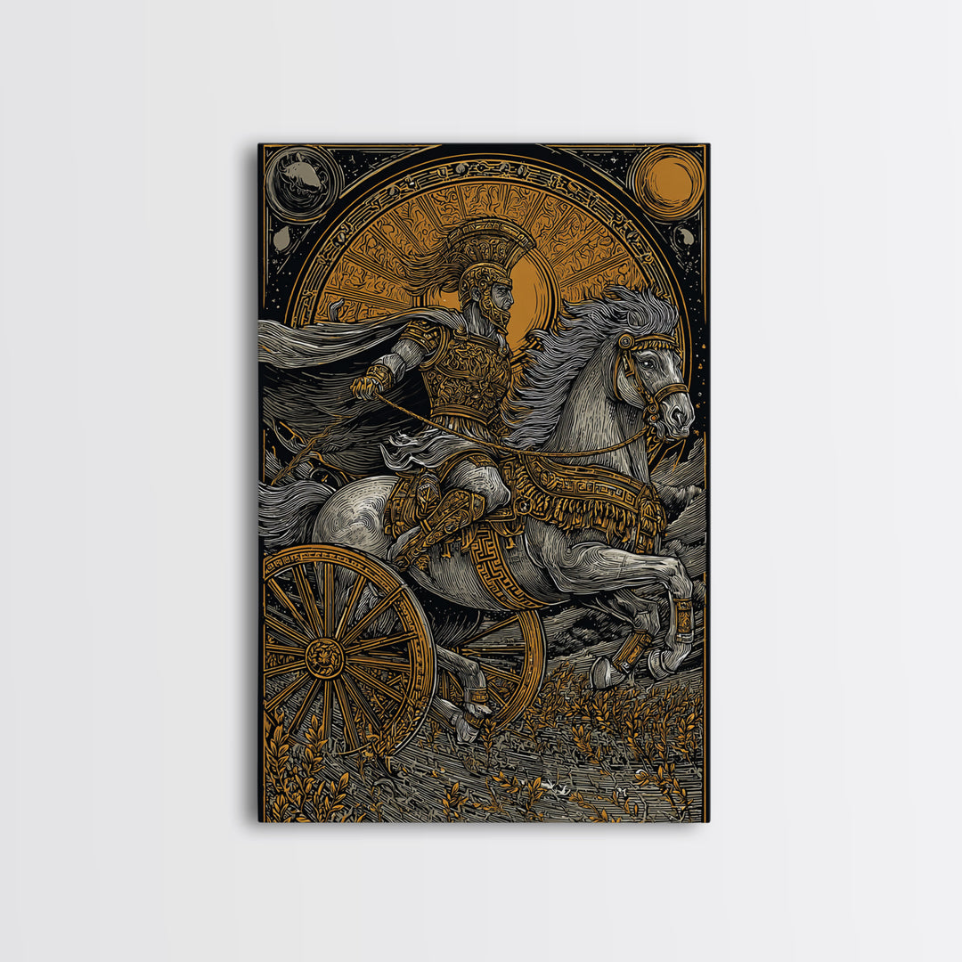 Roman Chariot Warrior with Celestial Disc – Canvas Gold Art Print, Classical Battle Scene Canvas Art, Ancient Rome Wall Decor