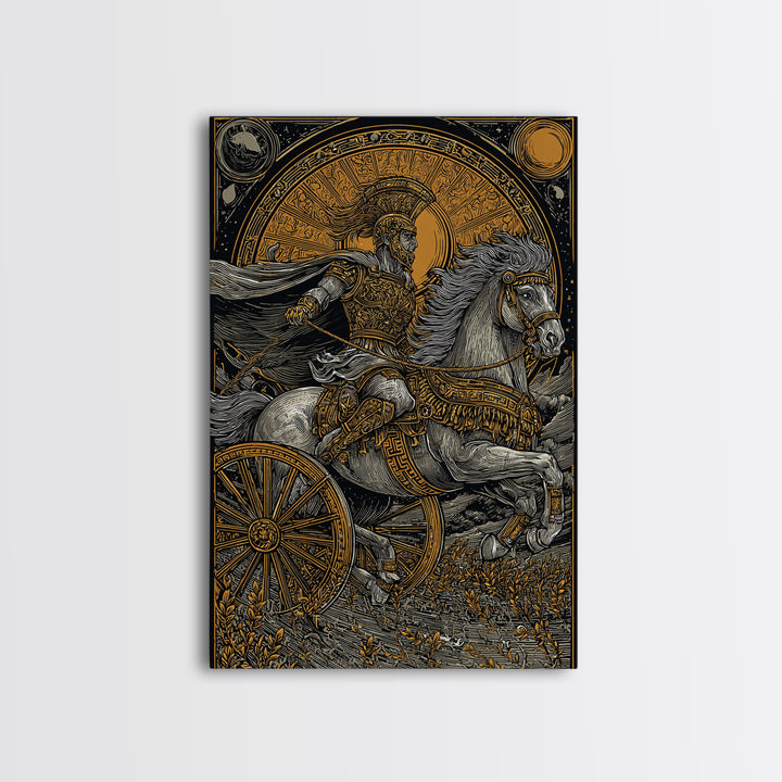 Roman Chariot Warrior with Celestial Disc – Canvas Gold Art Print, Classical Battle Scene Canvas Art, Ancient Rome Wall Decor