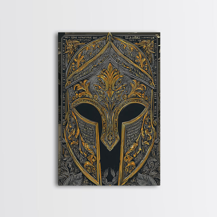 Floral Spartan Helmet with Ancient Text – Canvas Gold Art, Greco-Roman Canvas Art Print, Historical Warrior Wall Piece