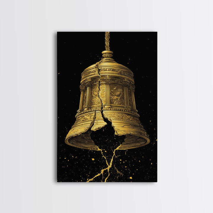 Golden Cracked Bell – Canvas Gold Canvas Print – Ancient Greek Inspired Wall Art with Real Wood Frame for Classical Decor