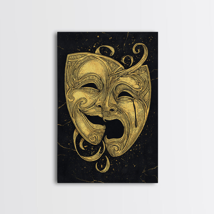 Comedy and Tragedy Theater Masks Canvas Gold Canvas Print – Dramatic Wall Art with Real Wood Frame for Home or Studio