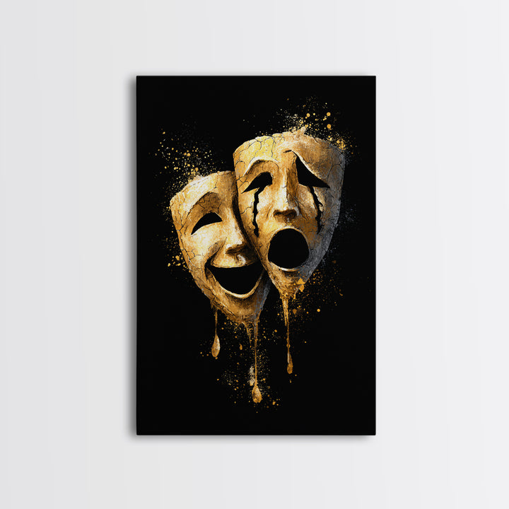 Melting Comedy and Tragedy Masks Canvas Gold Canvas Print – Emotional Theater Wall Art with Real Wood Frame