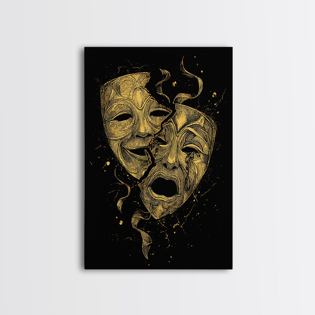 Broken Comedy and Tragedy Masks Canvas Gold Canvas Print – Dramatic Greek Theater Wall Art with Real Wood Frame