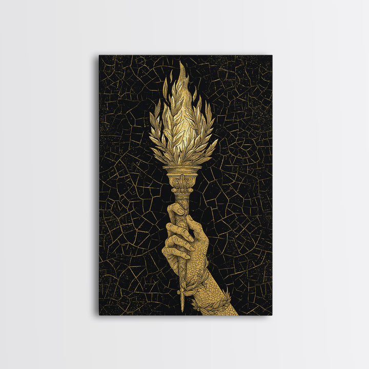 Olympic Flame Hand Holding Torch Canvas Gold Canvas Print – Classical Greek Inspired Wall Art with Real Wood Frame